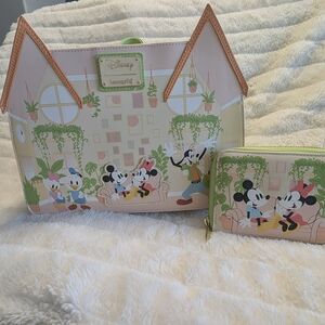 Loungefly Disney Mickey and Friends Home Planters Mini Backpack Wallet Set NWOT